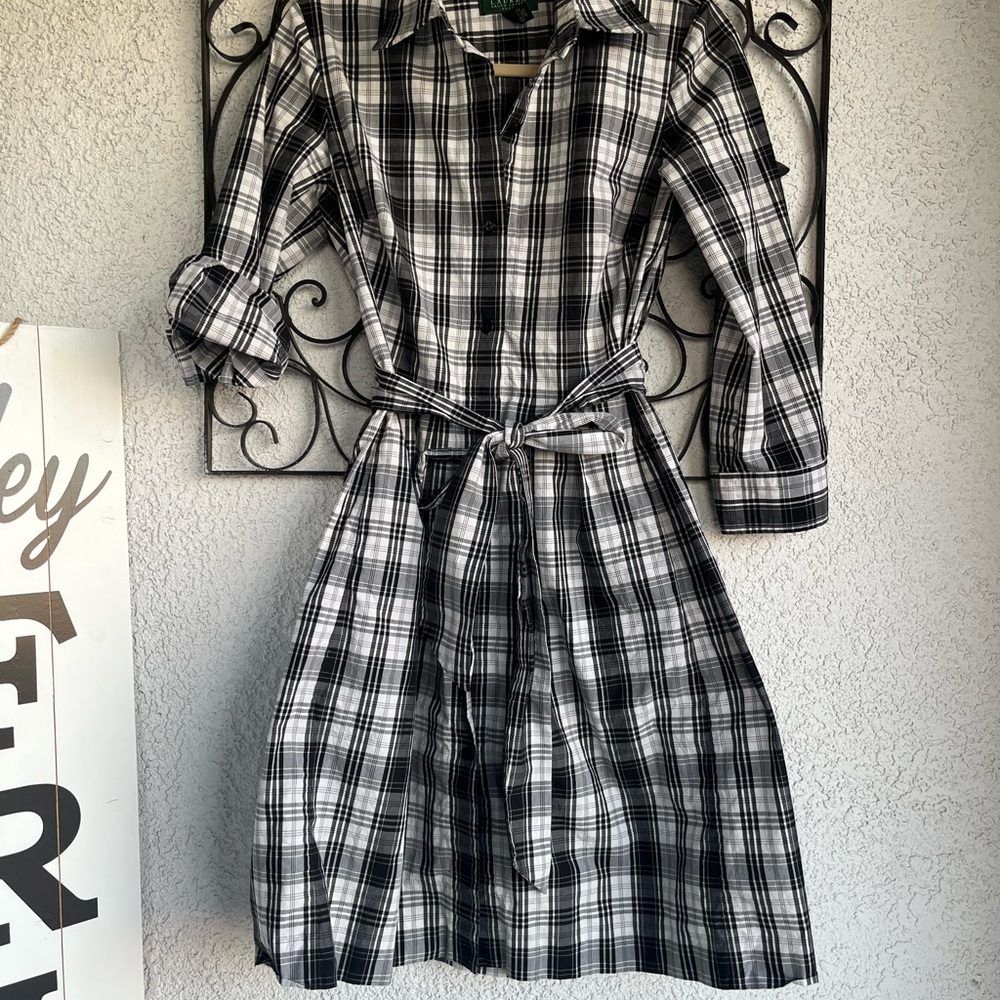 Ralph Lauren Black & White Plaid Button-Front Collard Shirt Dress